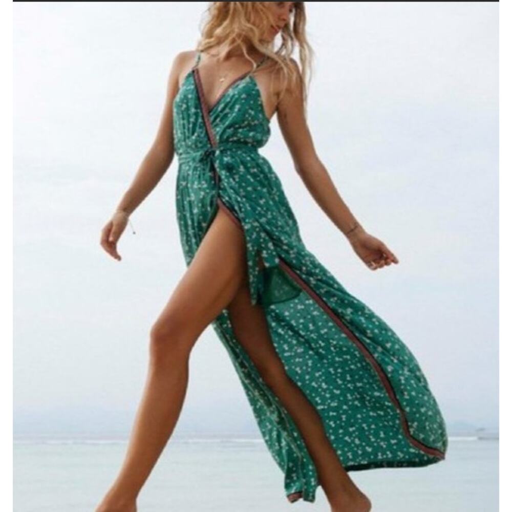 Billabong- Juniors' Soft Seas Green and White Printed Maxi Sundress- Small - Picture 5 of 8